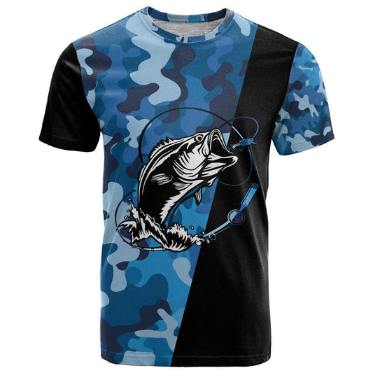 Custom Blue Camo Bass Fishing Fishing Rod Graphic Design T Shirt