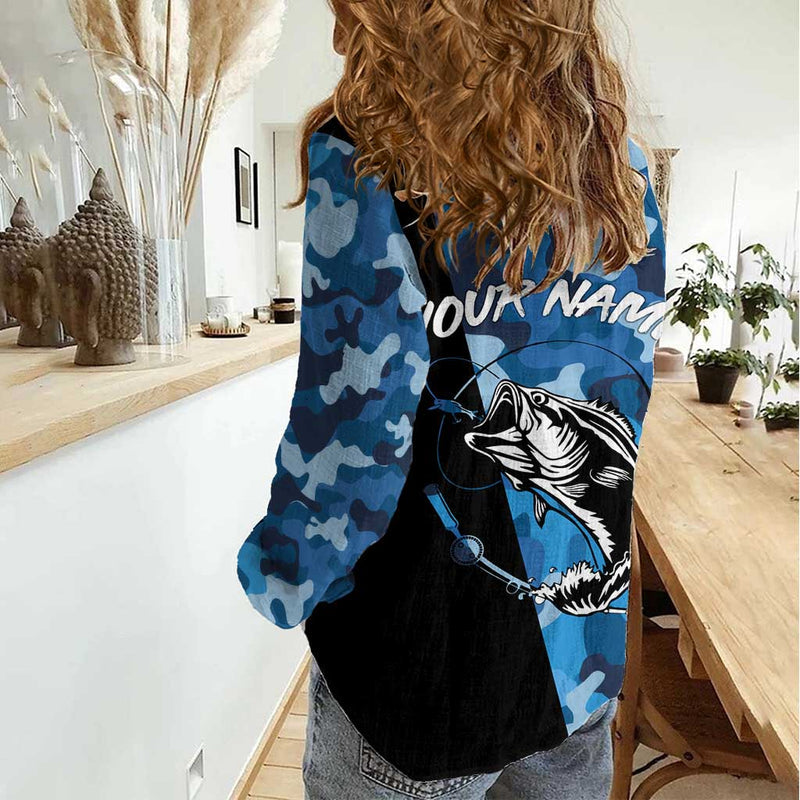 Custom Blue Camo Bass Fishing Fishing Rod Graphic Design Women Casual Shirt
