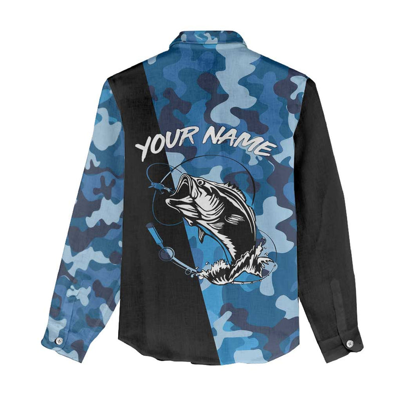 Custom Blue Camo Bass Fishing Fishing Rod Graphic Design Women Casual Shirt