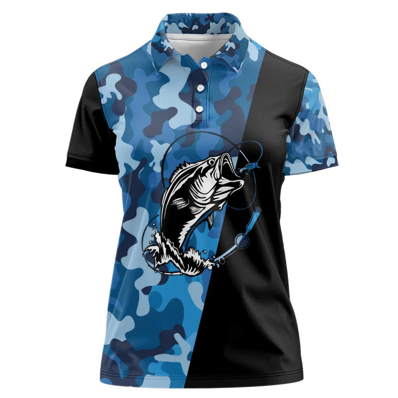 Custom Blue Camo Bass Fishing Fishing Rod Graphic Design Women Polo Shirt