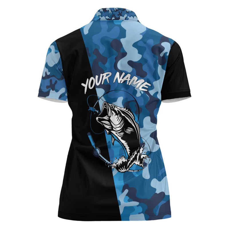 Custom Blue Camo Bass Fishing Fishing Rod Graphic Design Women Polo Shirt