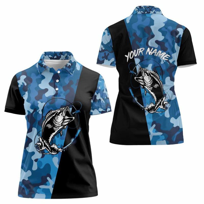 Custom Blue Camo Bass Fishing Fishing Rod Graphic Design Women Polo Shirt