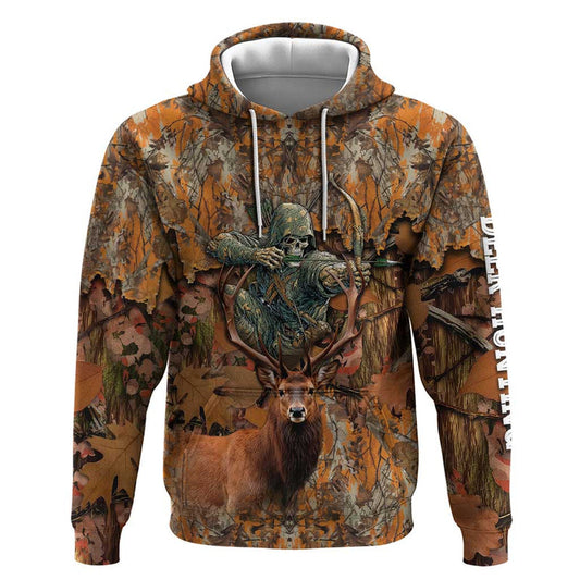 Custom Deer Hunting Big Game Camo Forest Design and Skeleton Archer Hoodie