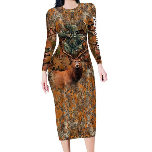 Custom Deer Hunting Big Game Camo Forest Design And Skeleton Archer Long Sleeve Bodycon Dress