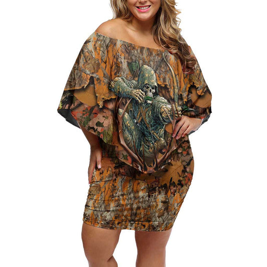 Custom Deer Hunting Big Game Camo Forest Design And Skeleton Archer Off Shoulder Short Dress