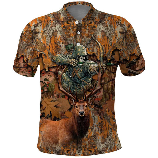 Custom Deer Hunting Big Game Camo Forest Design and Skeleton Archer Polo Shirt
