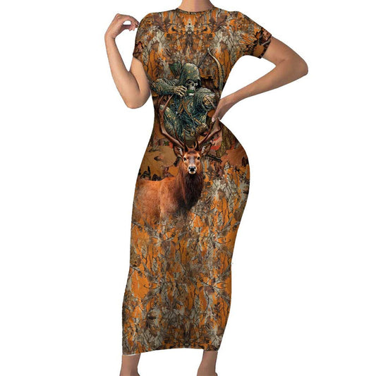 Custom Deer Hunting Big Game Camo Forest Design And Skeleton Archer Short Sleeve Bodycon Dress