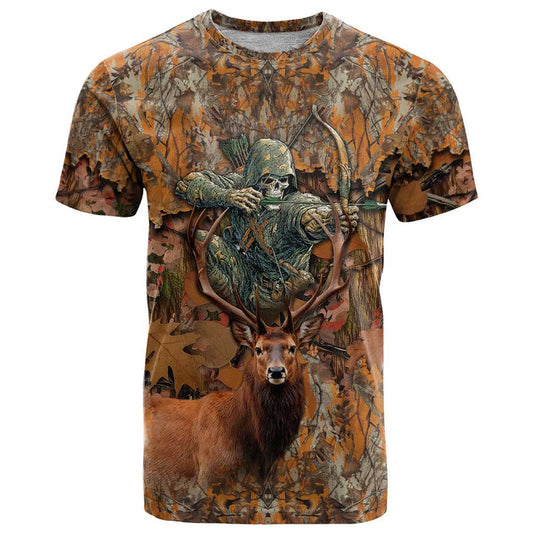 Custom Deer Hunting Big Game Camo Forest Design and Skeleton Archer T Shirt