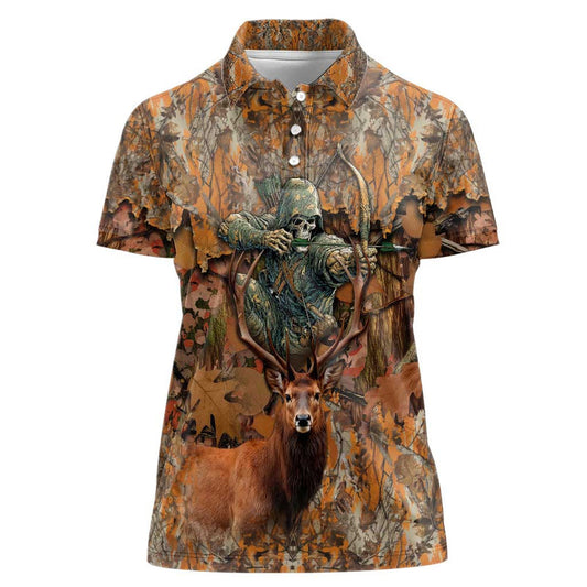Custom Deer Hunting Big Game Camo Forest Design and Skeleton Archer Women Polo Shirt