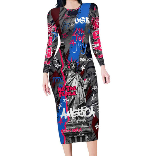 4th Of July Graffiti With Statue Of Liberty And American Independence Street Art Design Long Sleeve Bodycon Dress