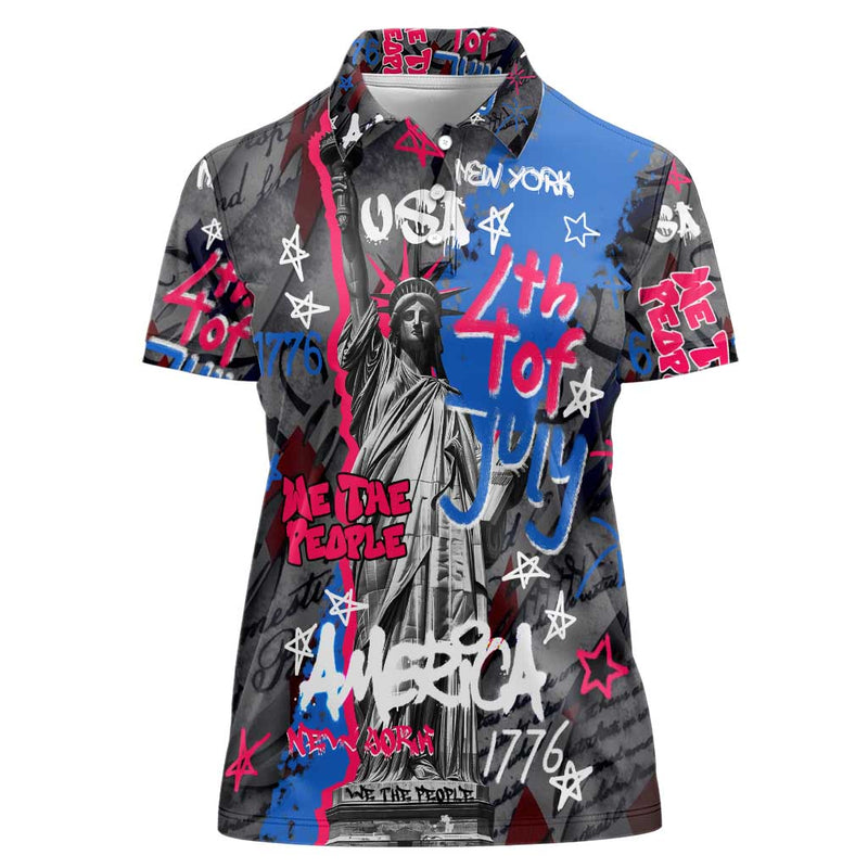 4th of July Graffiti with Statue of Liberty and American Independence Street Art Design Women Polo Shirt
