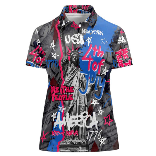 4th of July Graffiti with Statue of Liberty and American Independence Street Art Design Women Polo Shirt