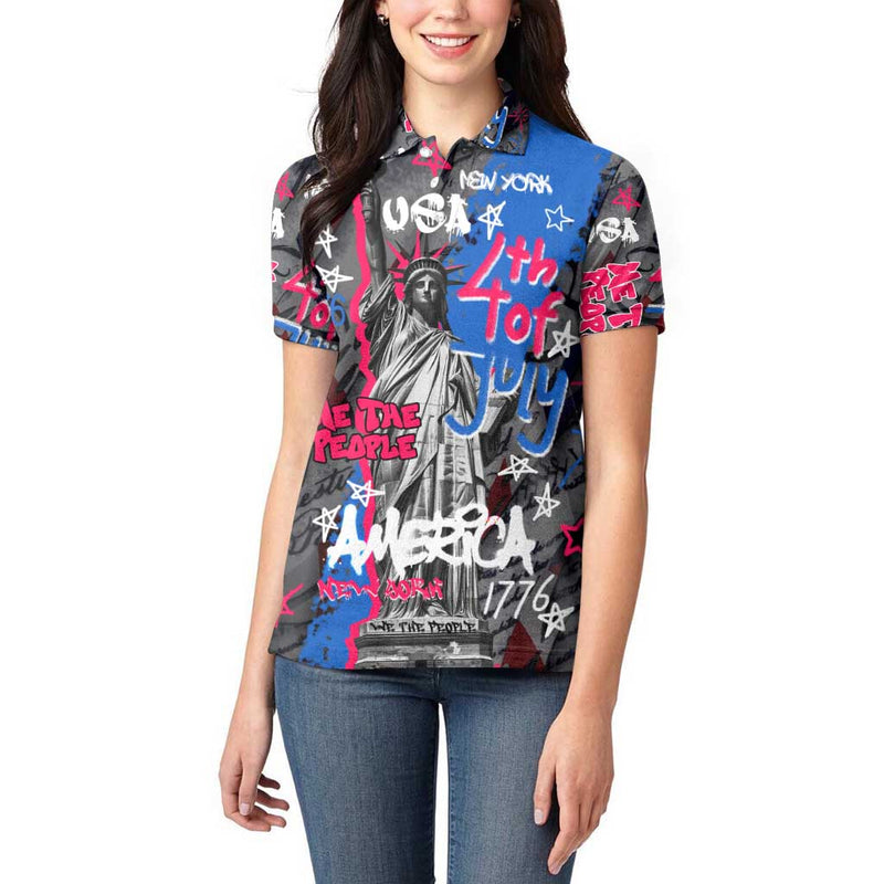 4th of July Graffiti with Statue of Liberty and American Independence Street Art Design Women Polo Shirt