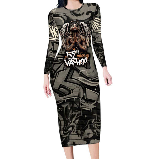 52th Anniversary Of Hiphop Celebration With Praying Angel Graphic And Urban Graffiti Background Long Sleeve Bodycon Dress