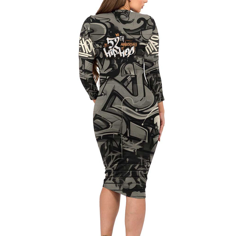 52th Anniversary Of Hiphop Celebration With Praying Angel Graphic And Urban Graffiti Background Long Sleeve Bodycon Dress