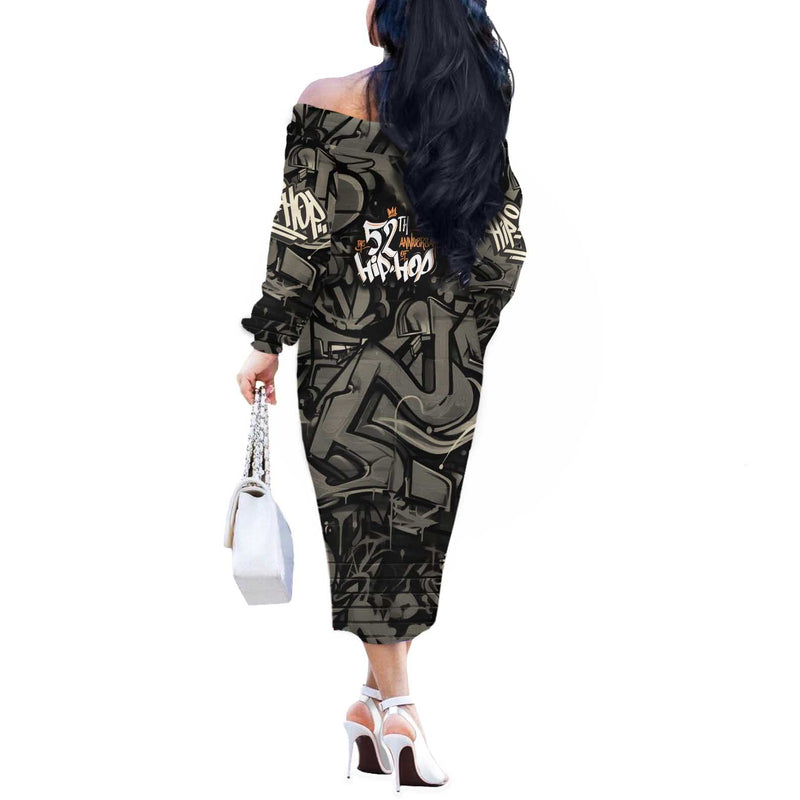 52th Anniversary Of Hiphop Celebration With Praying Angel Graphic And Urban Graffiti Background Off The Shoulder Long Sleeve Dress