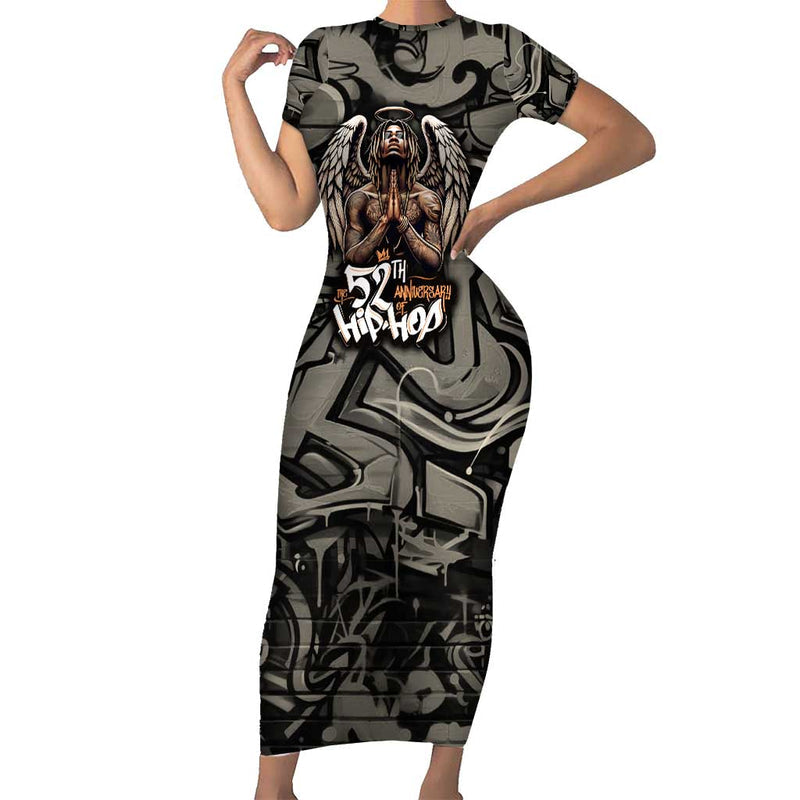52th Anniversary Of Hiphop Celebration With Praying Angel Graphic And Urban Graffiti Background Short Sleeve Bodycon Dress