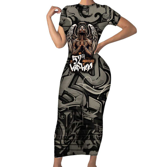 52th Anniversary Of Hiphop Celebration With Praying Angel Graphic And Urban Graffiti Background Short Sleeve Bodycon Dress