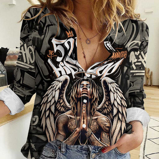 52th Anniversary Of Hiphop Celebration with Praying Angel Graphic and Urban Graffiti Background Women Casual Shirt