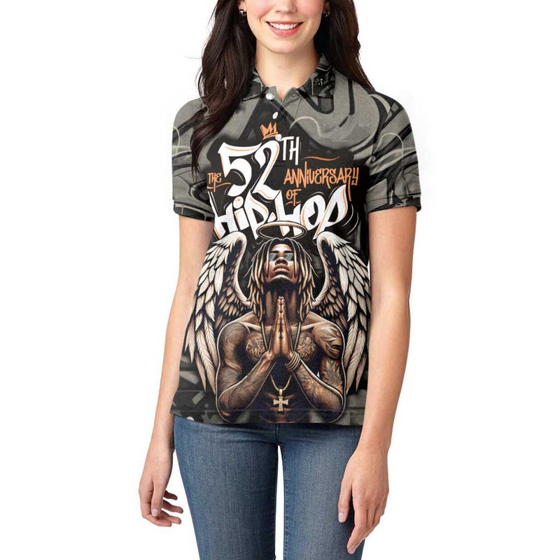 52th Anniversary Of Hiphop Celebration with Praying Angel Graphic and Urban Graffiti Background Women Polo Shirt