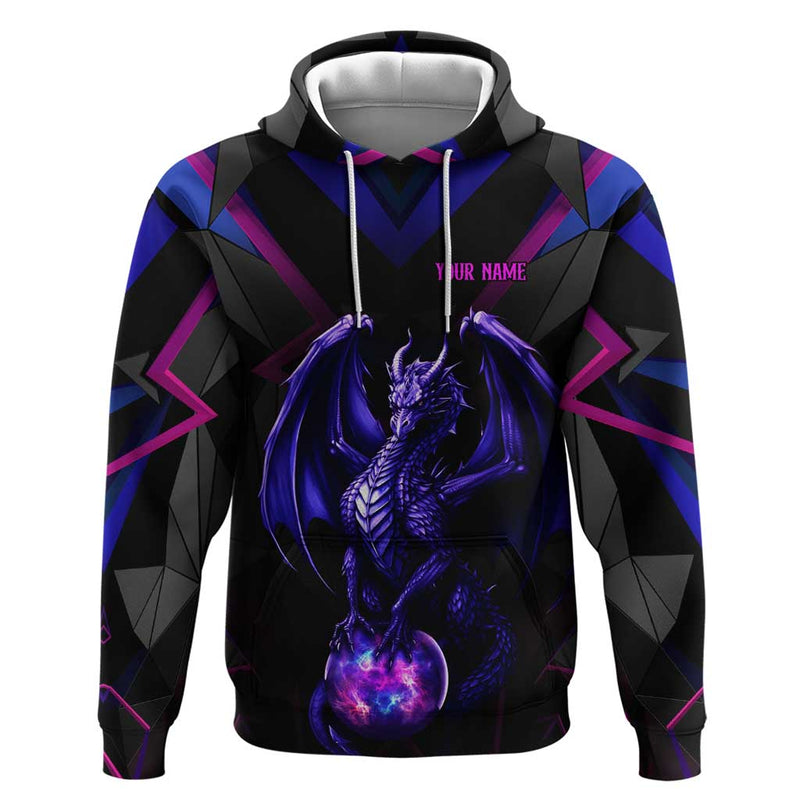 Custom Black And Purple Dragon Bowling Magic Orb Graphic on Geometric Black Background Design Hoodie