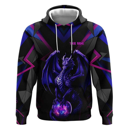Custom Black And Purple Dragon Bowling Magic Orb Graphic on Geometric Black Background Design Hoodie
