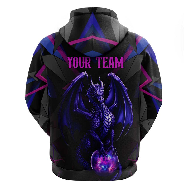 Custom Black And Purple Dragon Bowling Magic Orb Graphic on Geometric Black Background Design Hoodie