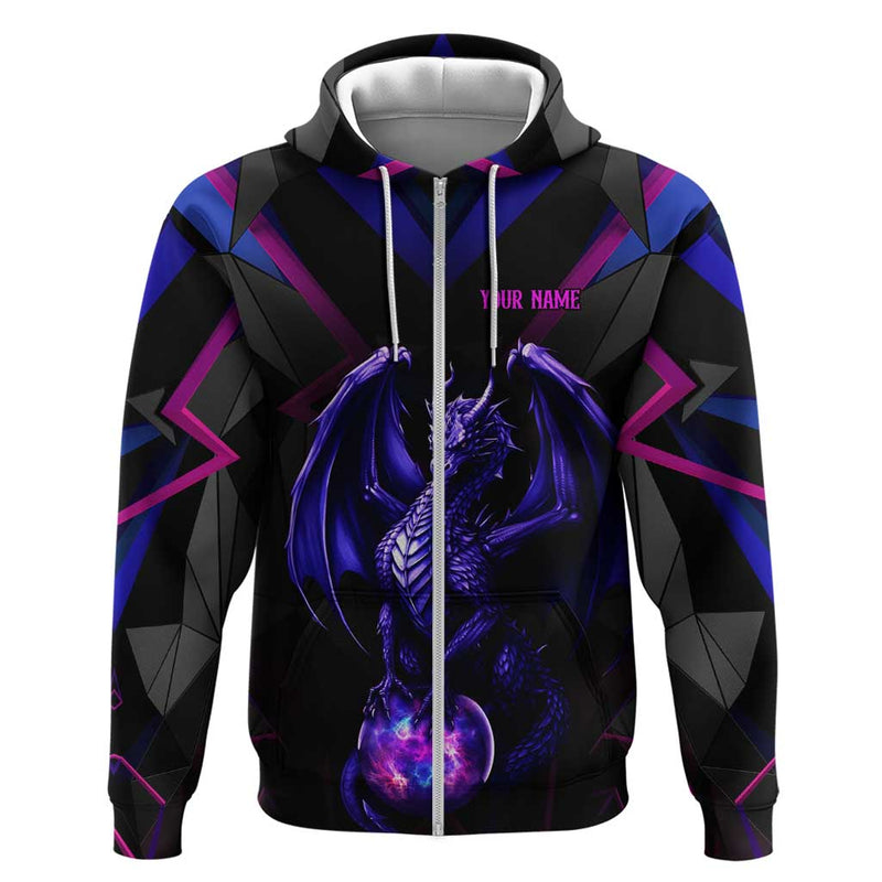 Custom Black And Purple Dragon Bowling Magic Orb Graphic on Geometric Black Background Design Hoodie
