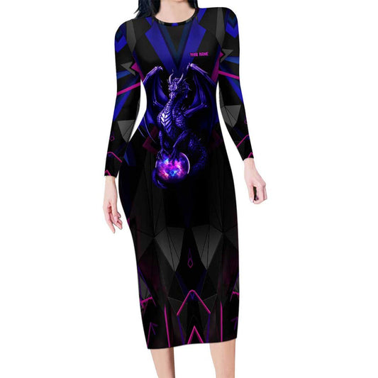 Custom Black And Purple Dragon Bowling Magic Orb Graphic On Geometric Black Background Design Long Sleeve Bodycon Dress