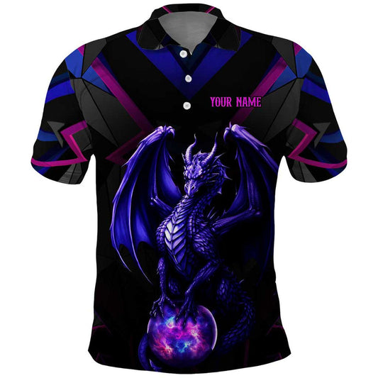 Custom Black And Purple Dragon Bowling Magic Orb Graphic on Geometric Black Background Design Polo Shirt