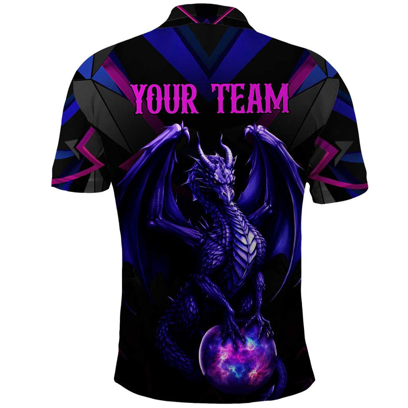 Custom Black And Purple Dragon Bowling Magic Orb Graphic on Geometric Black Background Design Polo Shirt
