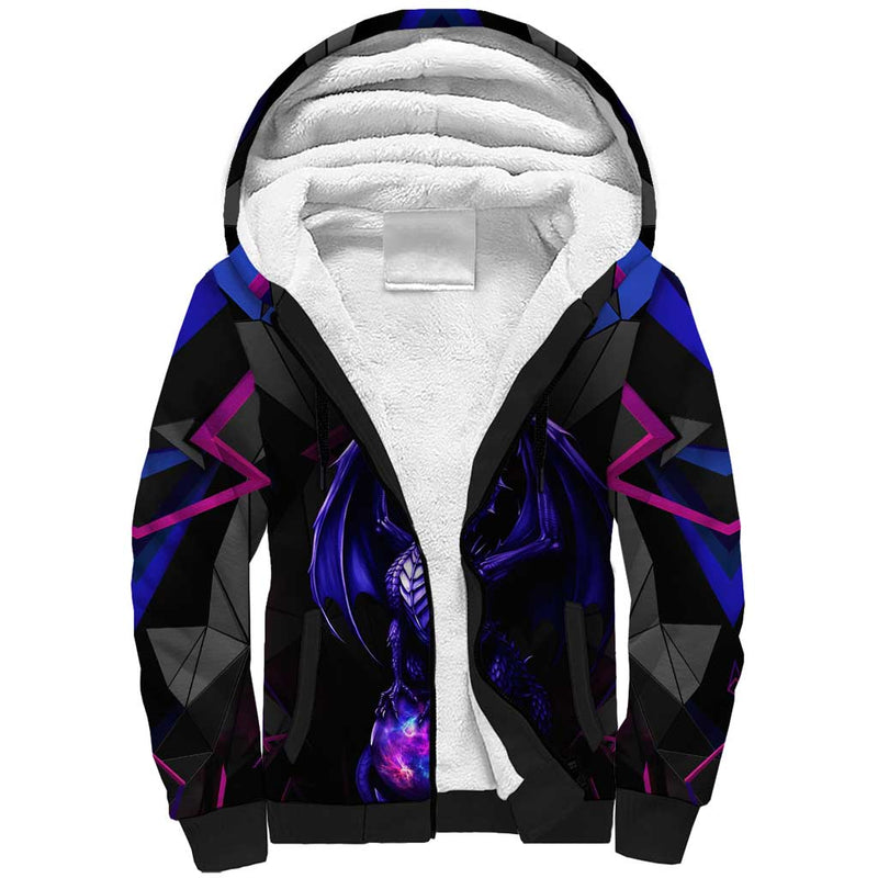 Custom Black And Purple Dragon Bowling Magic Orb Graphic on Geometric Black Background Design Sherpa Hoodie