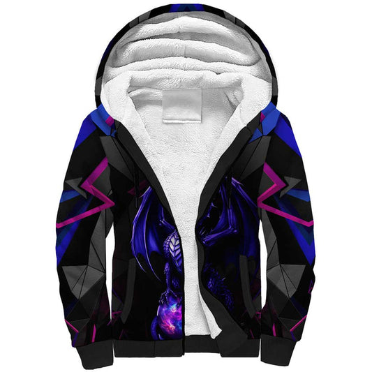 Custom Black And Purple Dragon Bowling Magic Orb Graphic on Geometric Black Background Design Sherpa Hoodie