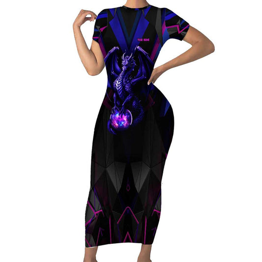 Custom Black And Purple Dragon Bowling Magic Orb Graphic On Geometric Black Background Design Short Sleeve Bodycon Dress