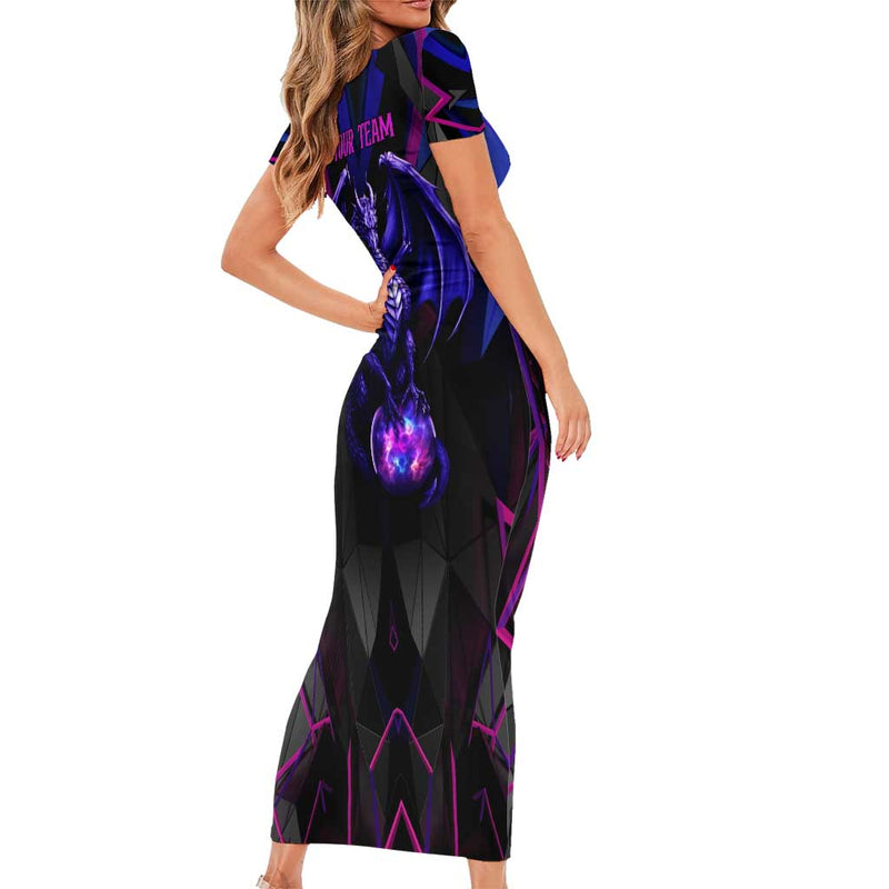 Custom Black And Purple Dragon Bowling Magic Orb Graphic On Geometric Black Background Design Short Sleeve Bodycon Dress