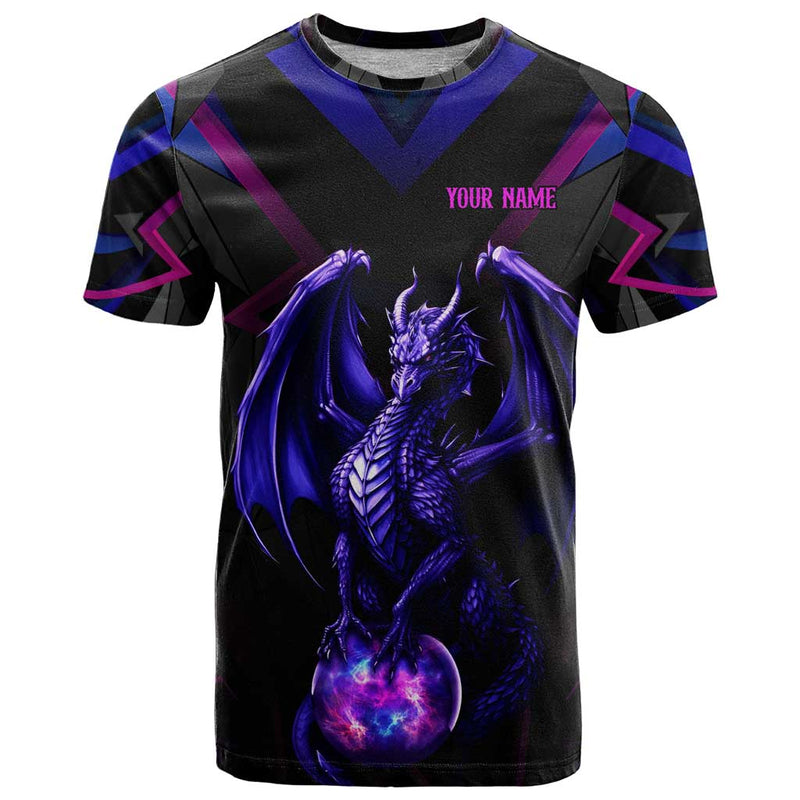 Custom Black And Purple Dragon Bowling Magic Orb Graphic on Geometric Black Background Design T Shirt