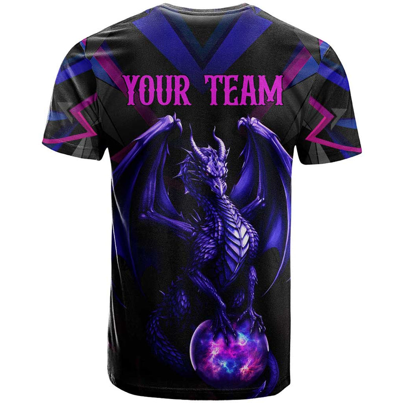Custom Black And Purple Dragon Bowling Magic Orb Graphic on Geometric Black Background Design T Shirt