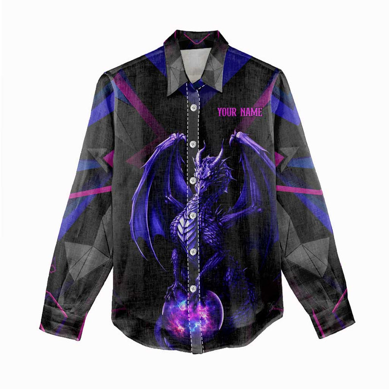 Custom Black And Purple Dragon Bowling Magic Orb Graphic on Geometric Black Background Design Women Casual Shirt