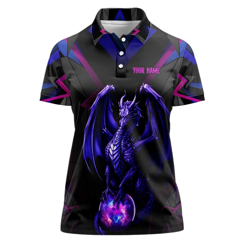 Custom Black And Purple Dragon Bowling Magic Orb Graphic on Geometric Black Background Design Women Polo Shirt