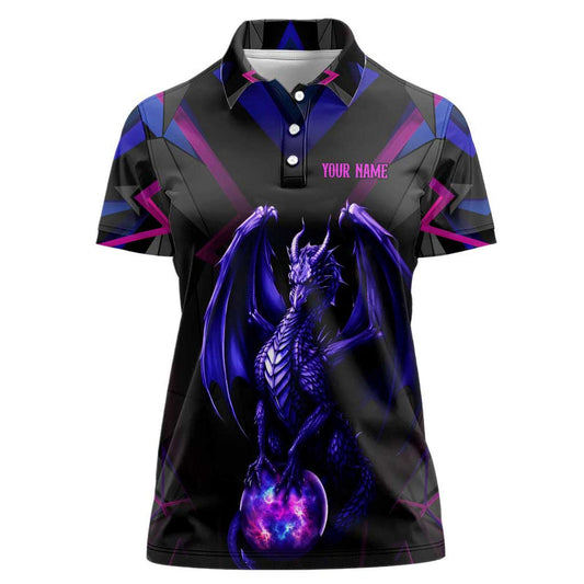 Custom Black And Purple Dragon Bowling Magic Orb Graphic on Geometric Black Background Design Women Polo Shirt