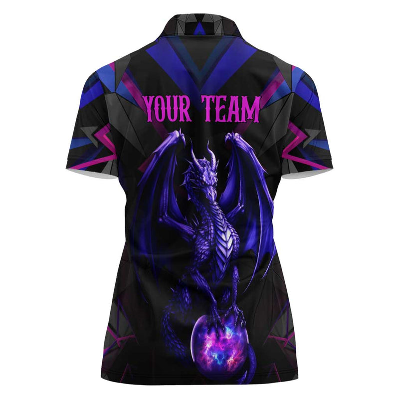 Custom Black And Purple Dragon Bowling Magic Orb Graphic on Geometric Black Background Design Women Polo Shirt