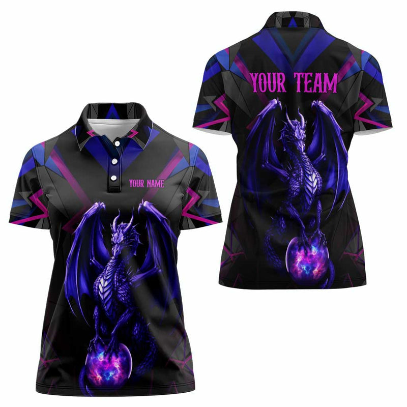 Custom Black And Purple Dragon Bowling Magic Orb Graphic on Geometric Black Background Design Women Polo Shirt