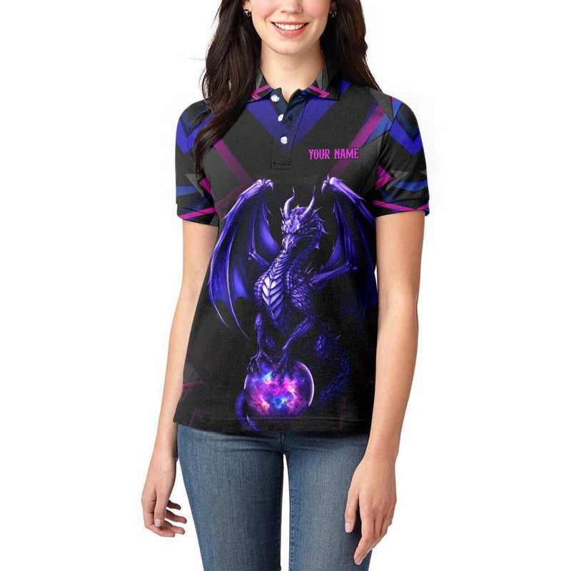 Custom Black And Purple Dragon Bowling Magic Orb Graphic on Geometric Black Background Design Women Polo Shirt
