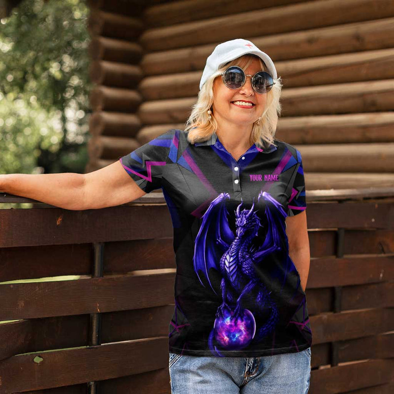 Custom Black And Purple Dragon Bowling Magic Orb Graphic on Geometric Black Background Design Women Polo Shirt