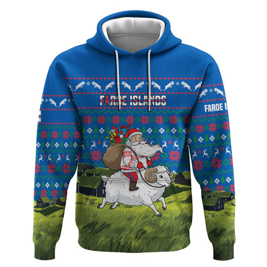 Faroe Islands Christmas With Santa Riding Sheep Grass Roof Houses And Blue Nordic Pattern Design Hoodie