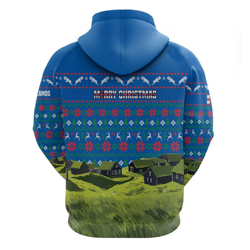 Faroe Islands Christmas With Santa Riding Sheep Grass Roof Houses And Blue Nordic Pattern Design Hoodie