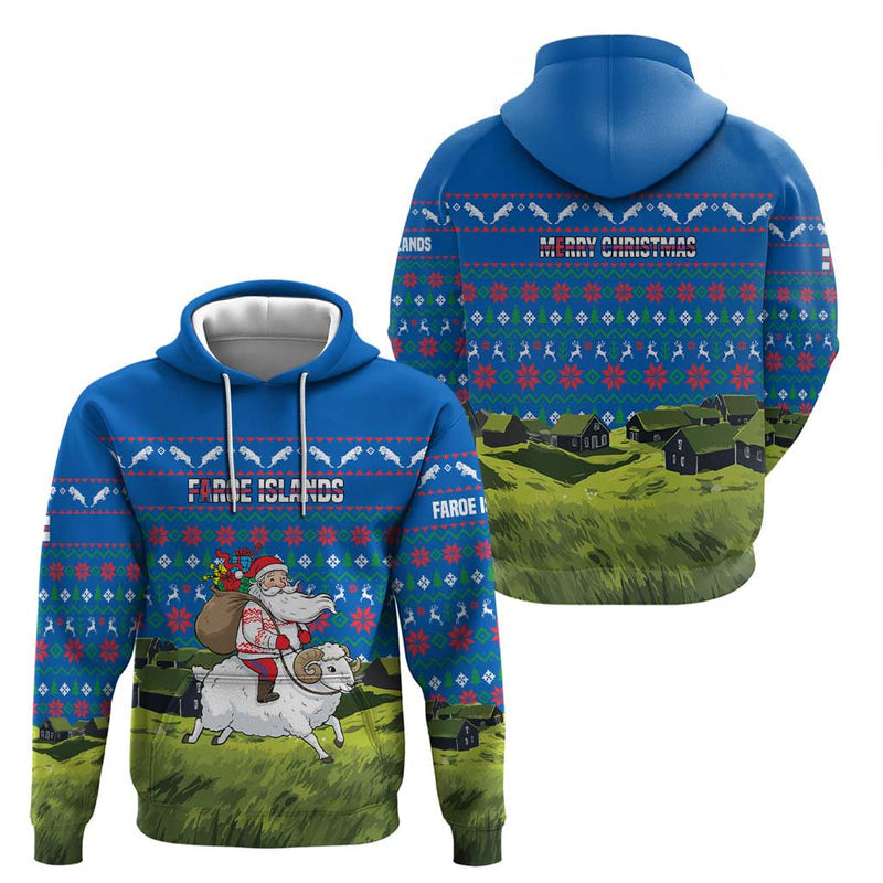 Faroe Islands Christmas With Santa Riding Sheep Grass Roof Houses And Blue Nordic Pattern Design Hoodie