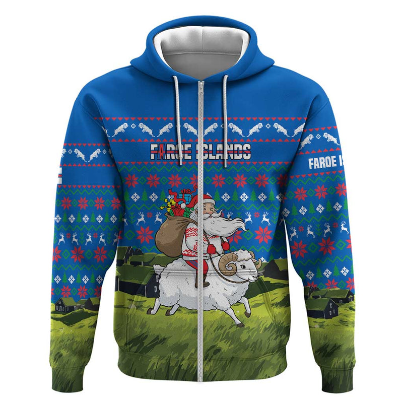 Faroe Islands Christmas With Santa Riding Sheep Grass Roof Houses And Blue Nordic Pattern Design Hoodie