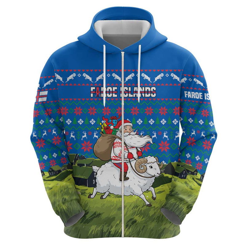 Faroe Islands Christmas With Santa Riding Sheep Grass Roof Houses And Blue Nordic Pattern Design Hoodie
