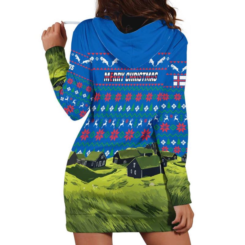 Faroe Islands Christmas With Santa Riding Sheep Grass Roof Houses And Blue Nordic Pattern Design Hoodie Dress